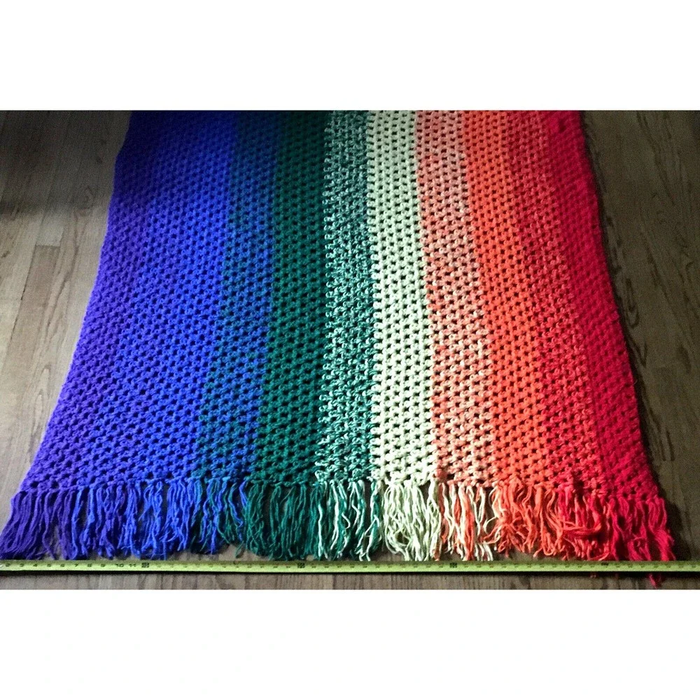 Handmade Crochet Rainbow Afghan Blanket Throw Fringe Edge 54W x 84L